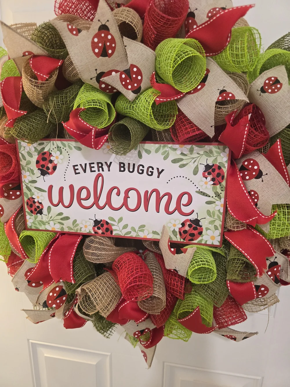 Welcome Ladybug Holiday Wreath - Red, Green & Natural